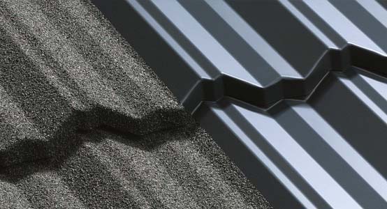 Close-up of a metal roofing panel with a textured shadow.